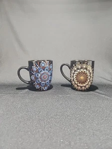 Dot Mandala Dot Art Hand Painted Royal Norfolk Coffee Mugs Set Of 2  - Picture 1 of 14