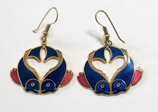 Vintage Cloisonne Enamel  Fish Earrings 1970s 1980’ Era Blue And Red Dangles