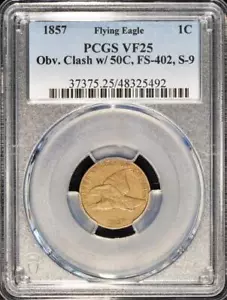 1857 Flying Eagle Cent PCGS-25; Obv. Clash W/ 50C, FS-402, S-9; Neat Variety! - Picture 1 of 4