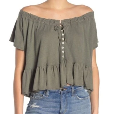 Camisa Free People Charlie Peplum Mujer Pequeña Verde Boho Lino Campesino Top Foto 1 de 4