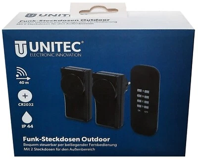 Unitec® Outdoor Funksteckdosen Set : Fernbedienung & 2x Funk Steckdose Schwarz - Bild 1 von 2