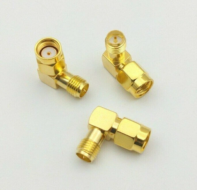 SMA Right Angle Gold 90 Degree RP-SMA Male Jack Center To RP-SMA female Adaptor  - Image 1 of 1