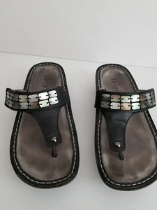 ALEGRIA BLACK LEATHER FLIP FLOPS SIZE 6 TO 6.5 EURO 36 HOOK AND LOOP - Picture 1 of 6