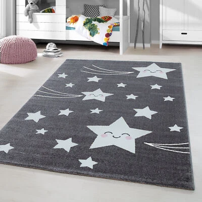 Kurzflor Kinderteppich Sternschnuppe Sterne Soft Babyzimmerteppich Grau Weiss - Bild 1 von 4