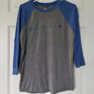Love T Shirt Blue Gray Raglan 3/4 Sleeve Women's Small - Picture 1 of 9