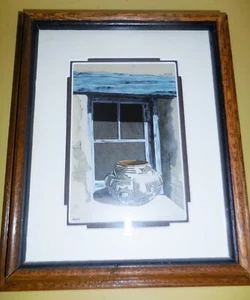 VINTAGE SIGNED MARY WYANT PRINT PICTURE ZUNI WINDOW COLORFUL INDIAN VASE DESIGND - Picture 1 of 6