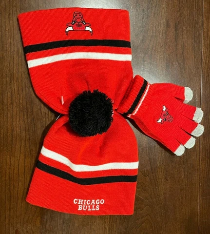 NBA Chicago Bulls Youth Unisex Team Gift Seat 2 Hats Touch Screen Gloves Set Cover