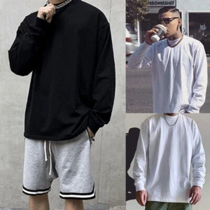 Men's Casual Streetwear Hip Hop Fashion Long Sleeve Oversize Solid T-Shirt Tee - Picture 1 of 6