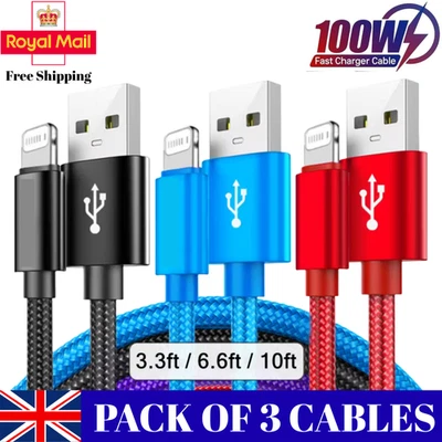 3 x iPhone Charger Fast For Apple Cable USB Lead 5 6 7 8 X XS XR SE 11 12 13 14 - Image 1 of 4