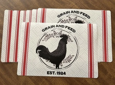 Country Farm Rooster Chicken Vinyl Set Of 8 GRAIN & FEED  Placemats 17x12” NEW - Image 1 of 4