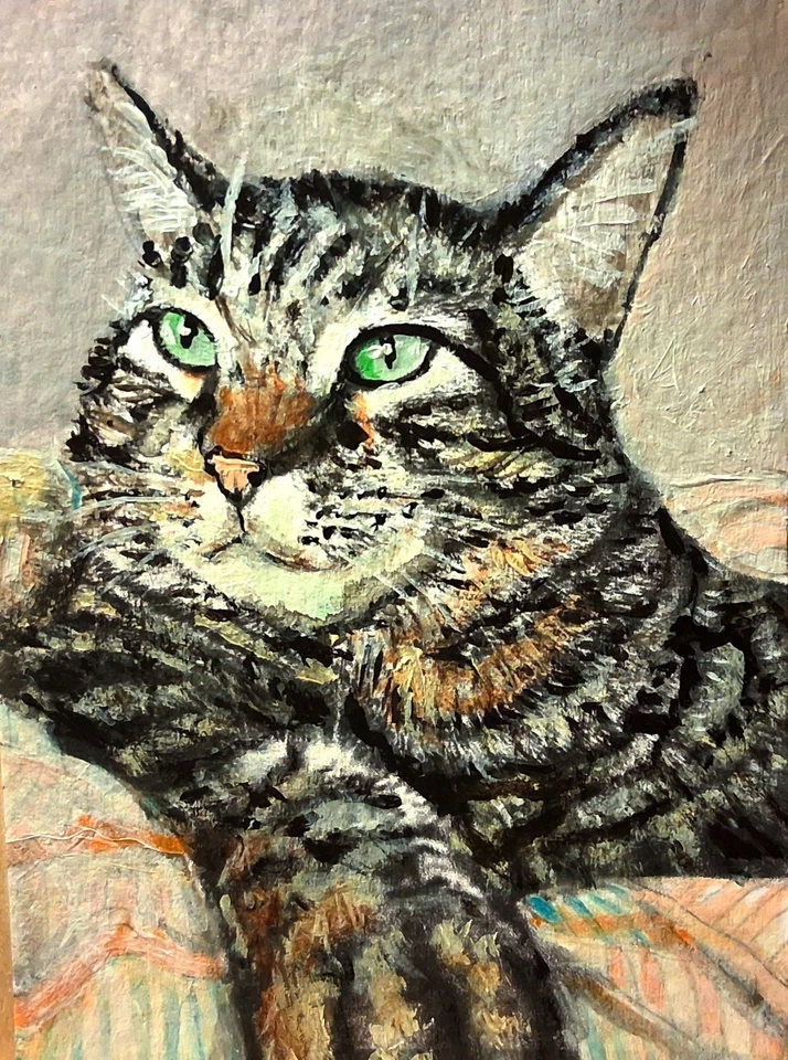 Pintura Original Miniatura Gato ACEO El Cheshire Ojos Verdes Tabby Foto 1 de 1