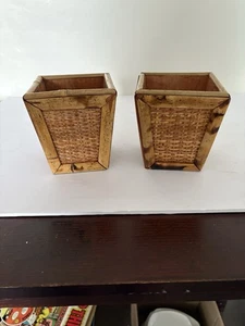 2 Vintage 1970s Tortoise Bamboo Wicker Planters 5” - Picture 1 of 9