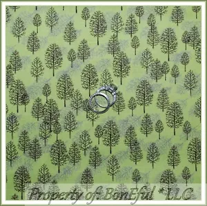 BonEful Fabric FQ Cotton Quilt Winter Scenic Forest Wood Tree Brown Silver Green - Picture 1 of 14