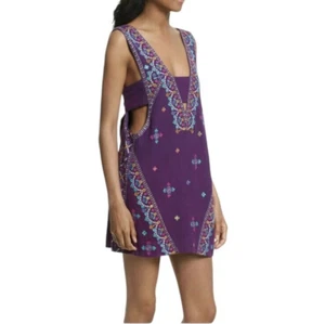 Abito Free People viola fortemente ricamato taglia S cravatta schiena mini scollo a V boho - Foto 1 di 13