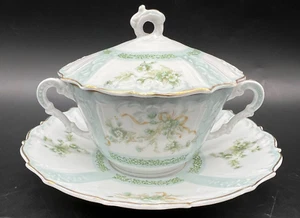 Coperchio piattino tazza brodo in rilievo floreale blu verde slesia Hermann Ohme c.1900 - Foto 1 di 10