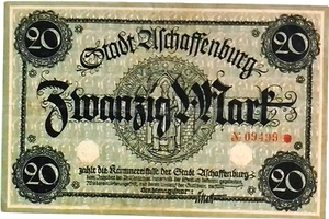 1918 Germany USCHAFFENBURG 20 MARK banknote  - Picture 1 of 2