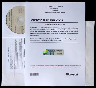 DVD y certificado de autenticidad SQL Server 2019 estándar 24 núcleos y CALs ilimitadas Foto 1 de 3