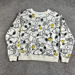 Peanuts Charlie Brown Sweatshirt Womens M Juniors White AOP Snoopy Woodstock - Picture 1 of 9