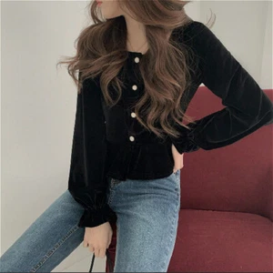 Women Velvet Blouse Shirt Top Ruffle Casual Retro Lolita Gothic Shirts Fashion - Picture 1 of 12