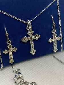 Rhinestone Cross Necklace And Earrings Dangle Silver Tone Pave Sparkle BOXED - Picture 1 of 10