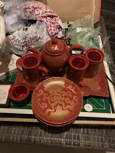 Pottery Barn Chinoise Red & Gold Tea Set SERVICE FOR 4, plates Teapot Cups - Picture 1 of 2