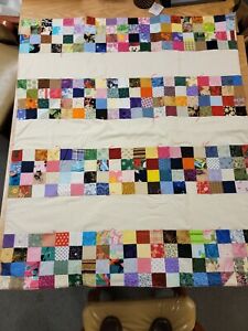 handmade squares crazy quilt lightweight lap blanket hand knotted 44.5 x 37.5"