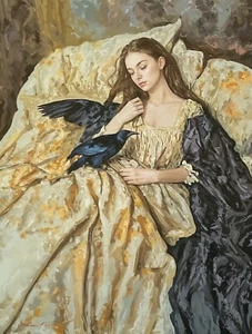 OXER ORIGINAL Thought Hugin Mugin Odin Valkyrie Valhall Viking lady OIL PAINTING - Picture 1 of 1