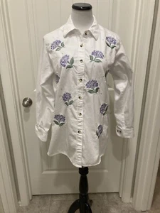 White Quacker Factory Shirt Jacket Purple Flowers  Rhinestones SZ S - Picture 1 of 10
