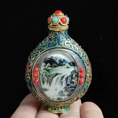 Joyería china con incrustación de bronce pintura de paisaje botellas de tabaco colección antigua Foto 1 de 4