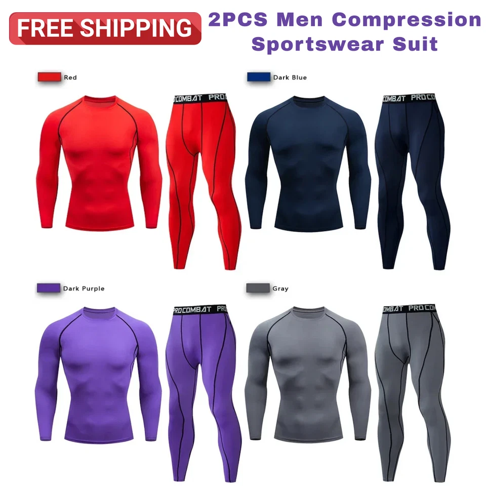 2 PCS Men’s Compression Sports Wear Suit Breathable Yoga Training Set Gym Gift - Image 1 of 4