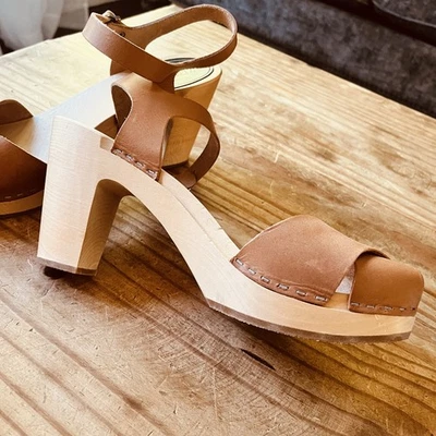 Swedish Hasbeens Merci Strap Clog Sandal In Brown Tan  Leather Wood Size 11 - Image 1 of 4