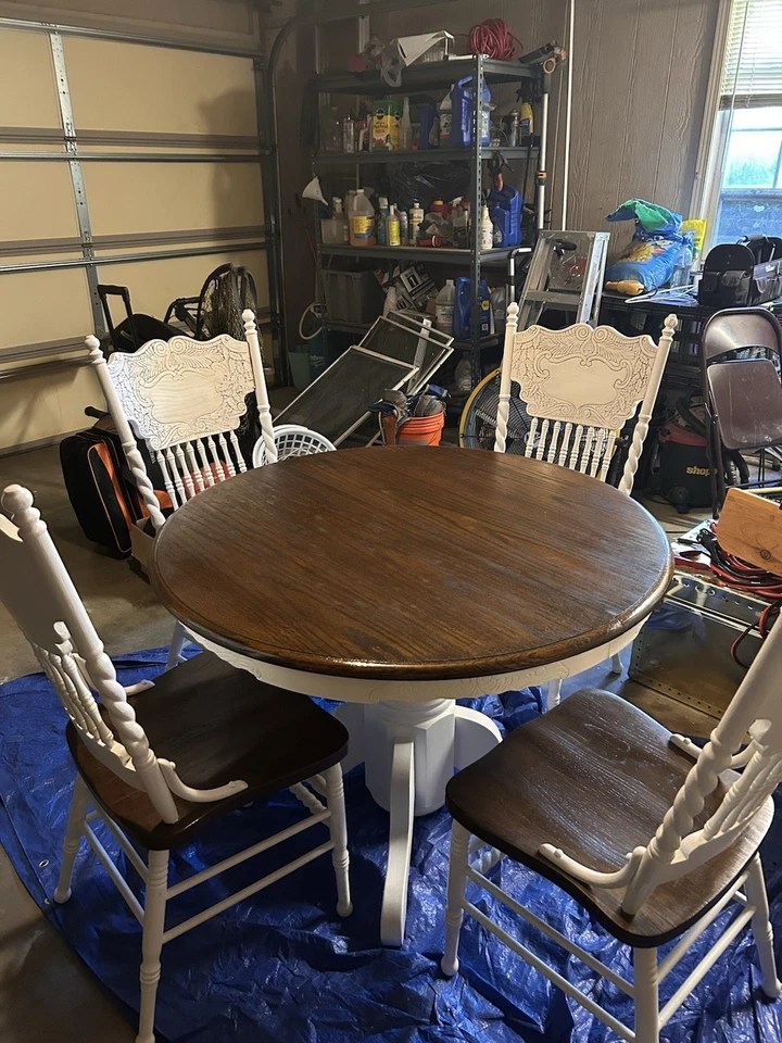 Table And 4 Chairs.  Oak With Walnut Finish And White Painted Base And Chairs. - Image 1 of 4