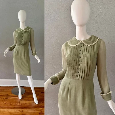 Vintage 50s Sage Green MADMEN Long Sleeve Sheath Cotton Dress XS - Image 1 of 4