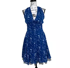 Hell Bunny Womens Pipper Nautical Dress Halter Bird Palm Print Blue Retro Size M - Picture 1 of 7