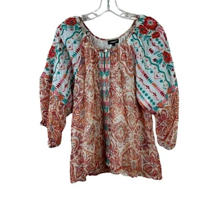 Blusa bordada manga globo boho floral naranja azul talla L TOLANI para mujer - Imagen 1 de 5