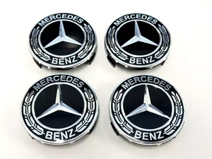 4PC Set For Mercedes-Benz Laurel Wreath Black Wheel Center Hub Caps 75mm - Picture 1 of 10