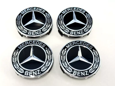 4PC Set For Mercedes-Benz Laurel Wreath Black Wheel Center Hub Caps 75mm - Image 1 of 4