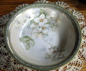 Vintage German Serving 9 1/2" Bowl Green & White w/ White Flowers ~ - Picture 1 of 6