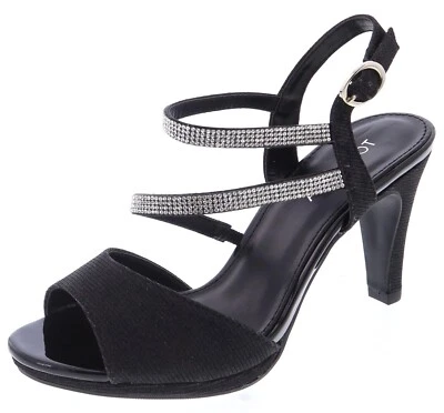 Top Moda Mujeres Tacones de aguja Correa para el tobillo Brillante Estrás Brillo PAMELA1 Negro Foto 1 de 4