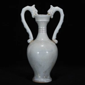 10.2" China Antique Porcelain Song Ru Kiln Moon White Glaze Double Dragon Vase - Picture 1 of 9