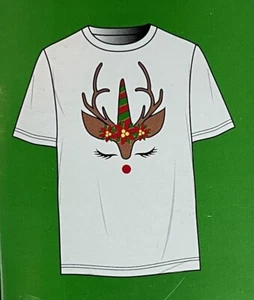 2T/3T Mädchen T-Shirt Einhorn Rentier Kurzarm weiß Urlaub Weihnachten - Bild 1 von 3