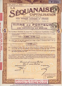 ACTION, TITRE AU PORTEUR LA SÉQUANAISE CAPITALISATION .  avril 1937. N° 673999 - Picture 1 of 1