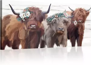 Highland Cow Canvas Wall Art: Cow Floral Picture Farmhouse Kitchen Decor Funny A - Picture 1 of 21