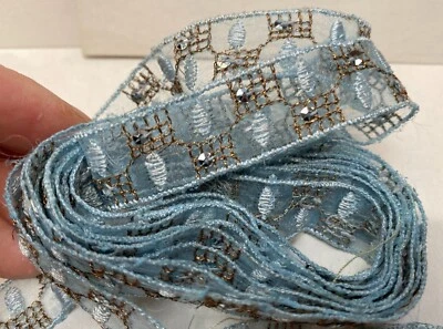 Cinta bordada seda cosida a mano 1/2" hilo metálico ribete lentejuelas cuentas 1yd Foto 1 de 4