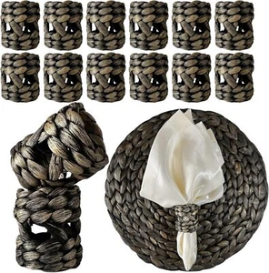 DecoraWell Gewebte Serviettenringe 12er Set, Rattan Serviettenringe, Schwarz Hyazinthe - Bild 1 von 10