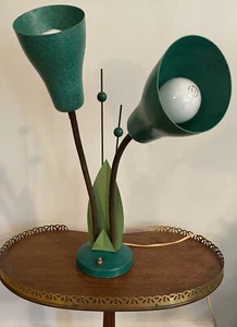 Vintage Retro Green MCM Cattail Table Lamp Gooseneck Fiberglass Double Shade - Picture 1 of 16