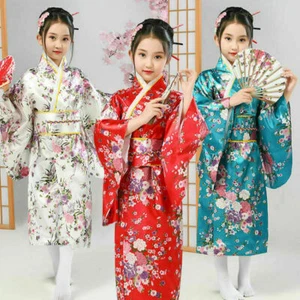 Kinder japanischer bedruckter Sakura Gils Kimono Bademantel Yukata Haori Obi Kleid Morgenmantel - Bild 1 von 8