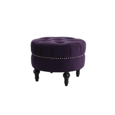 Maklaine Traditional Hardwood Tufted Round Ottoman Nailhead Accents in Purple - Image 1 of 4