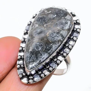 Fossil Coral Gemstone Handmade 925 Sterling Silver Jewelry Ring Size 9 (US) - Picture 1 of 1