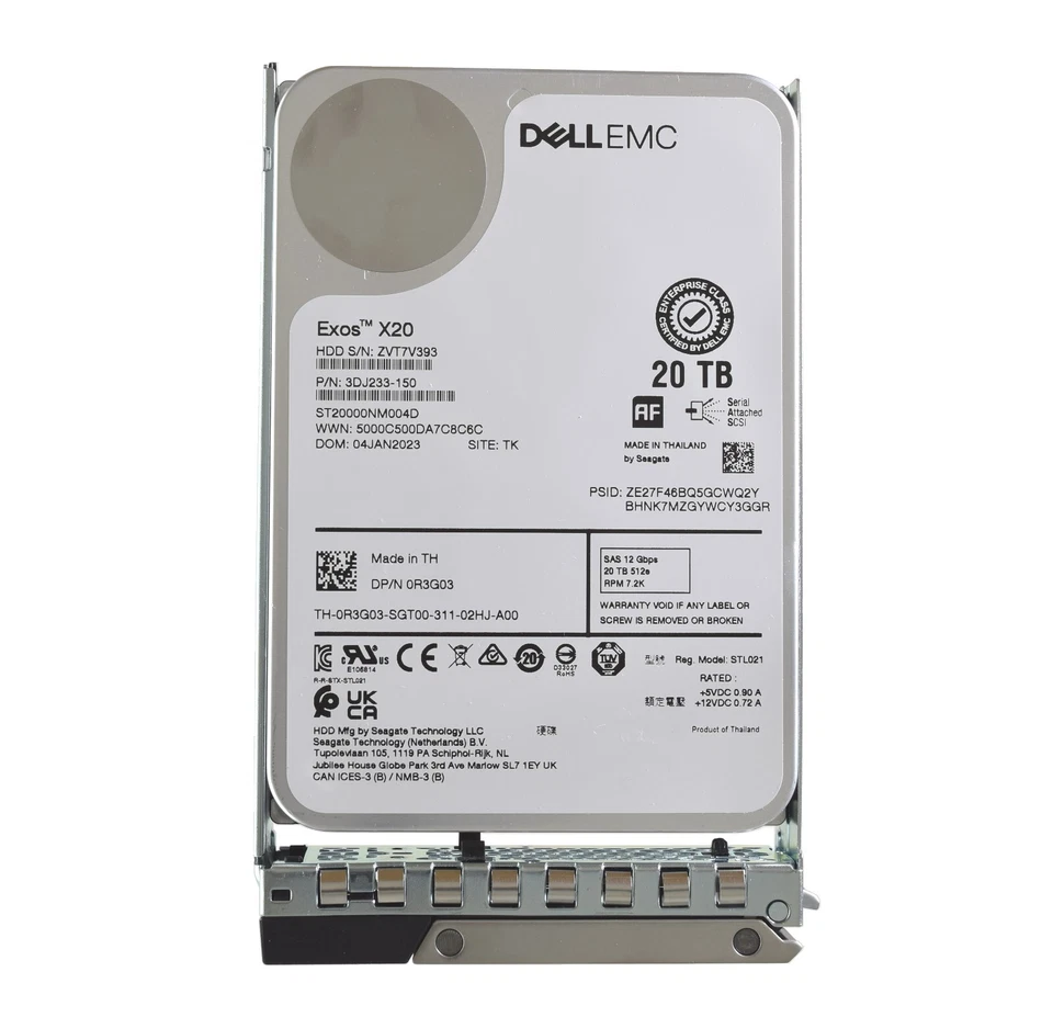 Dell Seagate Exos X20 3.5" 20TB 7.2K 12GBPS 512e SAS HDD - R3G03 ST200000NM004D - Image 1 of 1